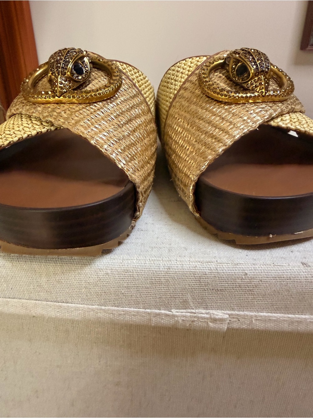 Kurt Geiger Gold Woven Slide Sandals with Decorative Medallion - Picture 5 of 8